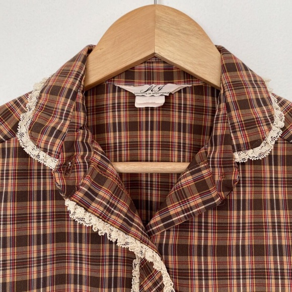 Vintage 70s Womens Shirt Top Plaid Lace Trim Button Up MJ Concepts in Sportwear - Picture 5 of 11